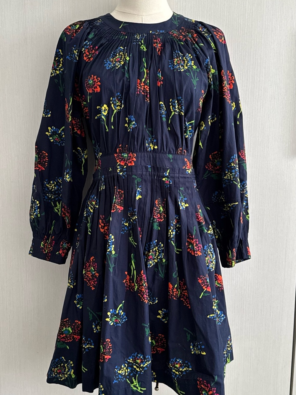 Ulla Johnson Navy Floral Long-Sleeve Pleated Waist Dress